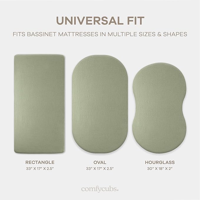 Comfy Cubs Muslin Bassinet Sheet - 100% Soft Cotton Fabric, Breathable & Gentle for Baby’s Sensitive Skin - Universal Fit with Secure Elastic Edging, Gift-Ready Packaging - Sage