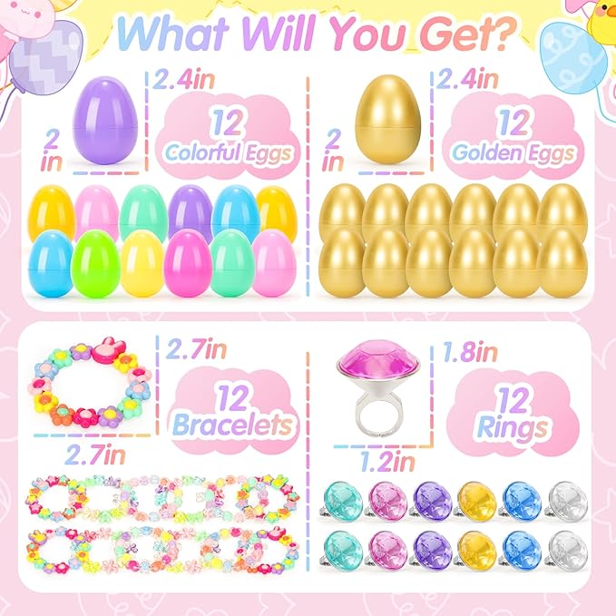 SevenQ Prefilled Easter Eggs with Bracelets Rings 24 Pack Kids Jewelry for Girls Easter Basket Stuffers Gifts for Kids Fidget Toys Fillers Princess Party Favors Classroom Treasure Box Egg Hunt Games