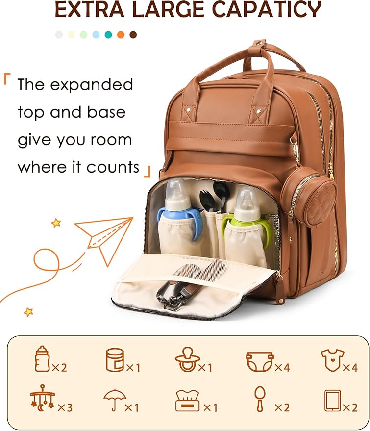 Diaper Bag Backpack, Multifunction Waterproof Diaper Bag for Baby, with Diaper Changing Station, Newborn Essentials Must Haves, Baby Portable Bag, Unisex, Brown Vegan Leather