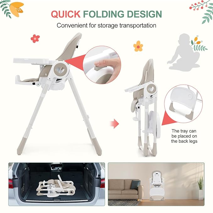 Foldable High Chairs for Babies and Toddlers, Adjustable Infant Baby Chair with Removable Tray and Non-Slip Foot Pads, Highchair for Children Aged 6 to 36 Months, Grey