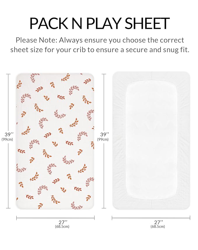 Pack and Play Sheets for Baby Boys and Girls 39"x27"x3", Neutral Muslin Cotton Pack N Play Mattresses Sheet with Boho Style, Soft and Breathable Comfort (Leaf)