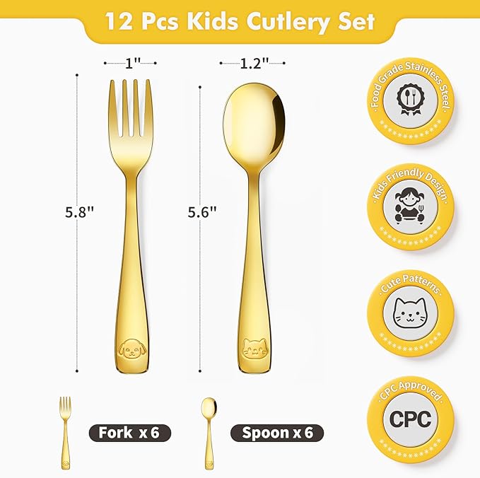 DRKIO Stainless Steel Toddler Utensils Set - 12 Pieces Kids Silverware Set Children Safe Food Grade Small Forks and Spoons Dishwasher Safe Mirror Polished