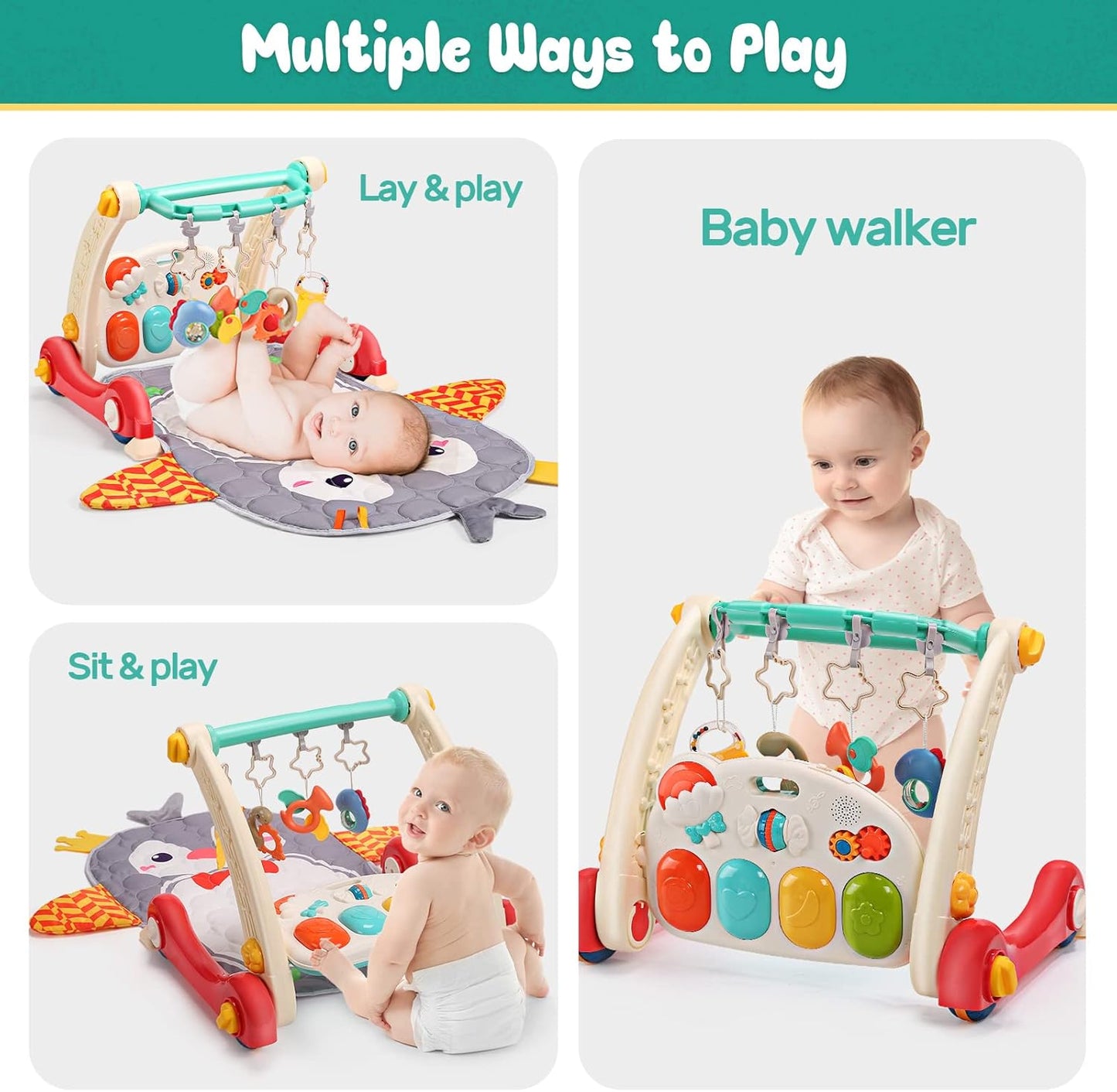 CUTE STONE Baby Gym Play Mat & Learning Walker, Activity Mat with Play Piano, Musical Activity Center with Lights, Baby Push Walkers & Tummy Time Mat for Infant Newborn Toddlers