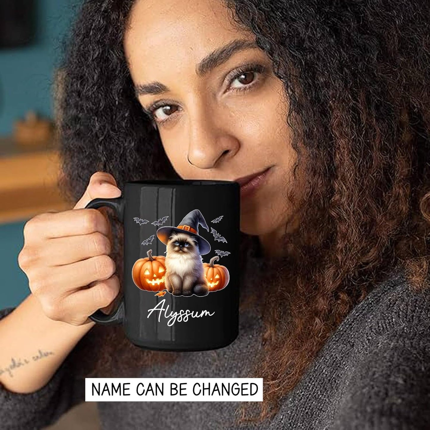 Customized Himalayan Wearing Witch Hat Mug with Name, Personalized Halloween Himalayan Ceramic Mug 11oz 15oz, Cat Pumpkins Black Coffee Cup, Halloween Cup Gift for Pet Lover Family Friend