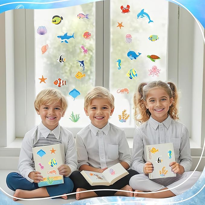 MARFOREVER 50 PCS Sea Animal Window Clings, Ocean Thick Gel Clings Stickers Removable Reusable Jelly Stickers Underwater Fish Shark Turtles Decals for Classroom Nursery Airplane Car Plane Decorations
