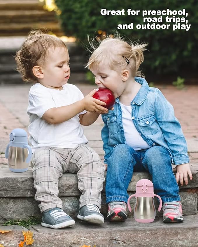 Stainless Steel Straw Sippy Cup for Toddlers 1-3 Years Old, Insulated Toddler Water Bottle Baby Training Tumbler with Handles, 8oz Kids Straw Cups for Travel, Daycare & At Home, Blue