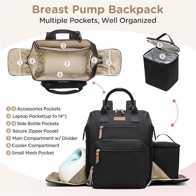 Breast Pump Bag for Spectra S1 S2 Medela, Convertible Large Diaper Bag Backpack for Working Moms with 14 inch Laptop Sleeve & Cooler Storage, Black
