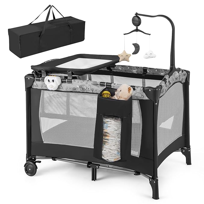 HONEY JOY Pack and Play, 4 in 1 Portable Baby Playard with Bassinet, Changing Table, Lockable Wheels, Music Box, Foldable Travel Baby Crib Nursery Center from Newborn to Toddler (Dark)