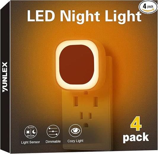 4 Pack Plug in Amber Night Light, Auto Dusk to Dawn, Soft Glow, Dimmable, Diffused Light, LED Lights for Bedroom, Kids, Bathroom, Sleep, Baby Nursery, Toddler, Hallway, Kitchen, Home Decor