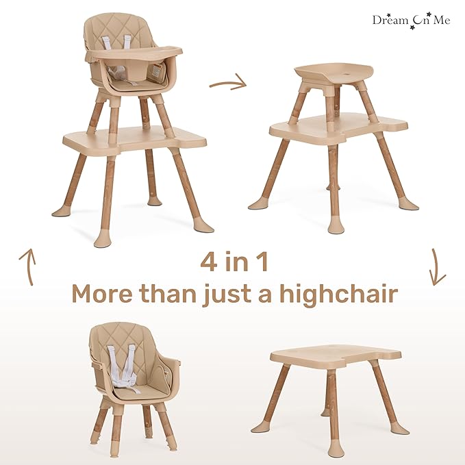 Dream On Me Luna 4-in-1 Convertible Baby High Chair in Beige, Transforms into Booster, Toddler Seat & Table Set, Adjustable and Removable Tray Portable High Chair