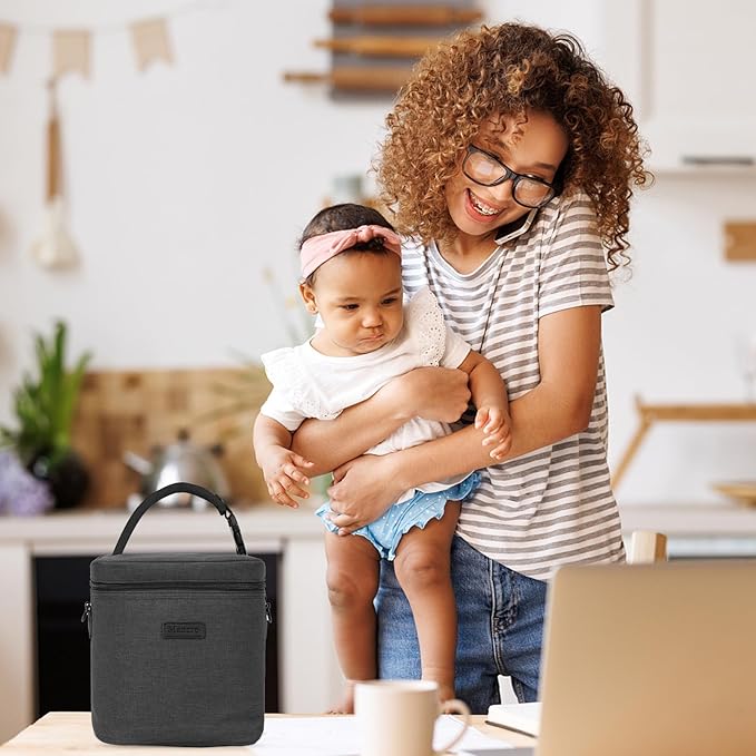 Mancro Breastmilk Cooler Bag with Ice Pack, Insulated Bottle Bag for 6 Baby Bottles (Up to 9 Ounce) with Shoulder Strap for Nursing Moms on The Go or Daycare, Dark Grey