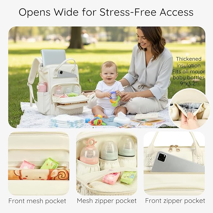 AIJIEKE Diaper Bag, Large Wide-Open Baby Diaper Backpack, Multi-functional Baby Travel Tote Bag, Diaper Bag with Changing Pad, Diaper Bags for Mom & Maternity (Beige)