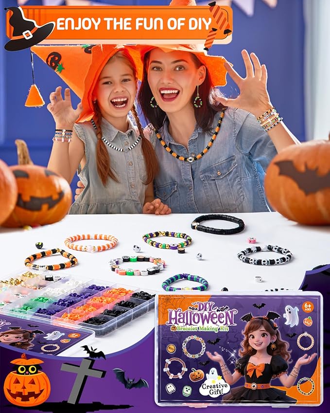 Taybonds Halloween Clay Beads Friendship Bracelet Making Kit for Kids, Jewelry Making Kit with Polymer Clay Charms and Skull for Bracelets, Gifts for Age6+