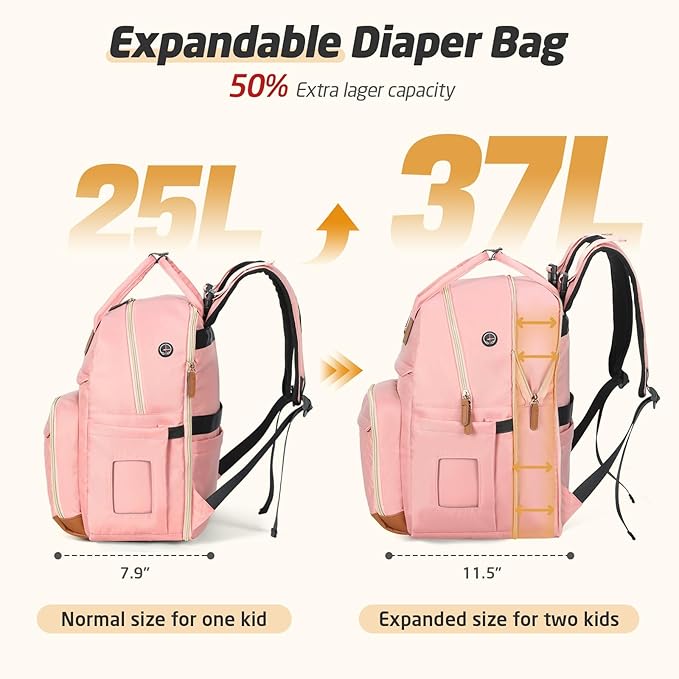 Diaper Bag Backpack - Extra Large Diaper Bag for 2 Kids Twin, Travel Baby Bags for Mom Dad 25-37L Expandable with Changing Pad Earphone Hole, Solid Pink