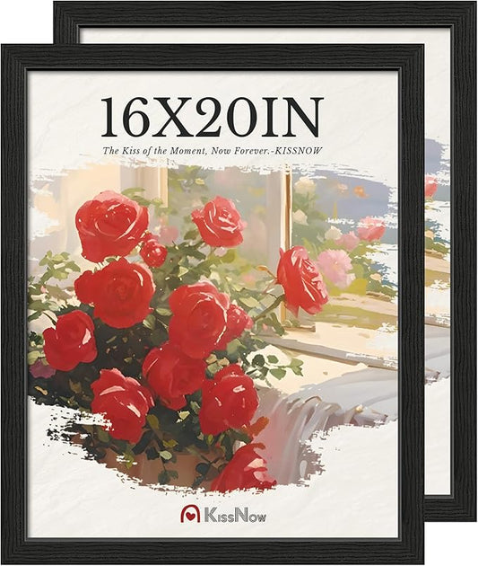 16x20 Picture Frame 2 Pack, Textured Black Solid Wood, Wall Gallery Poster Frame