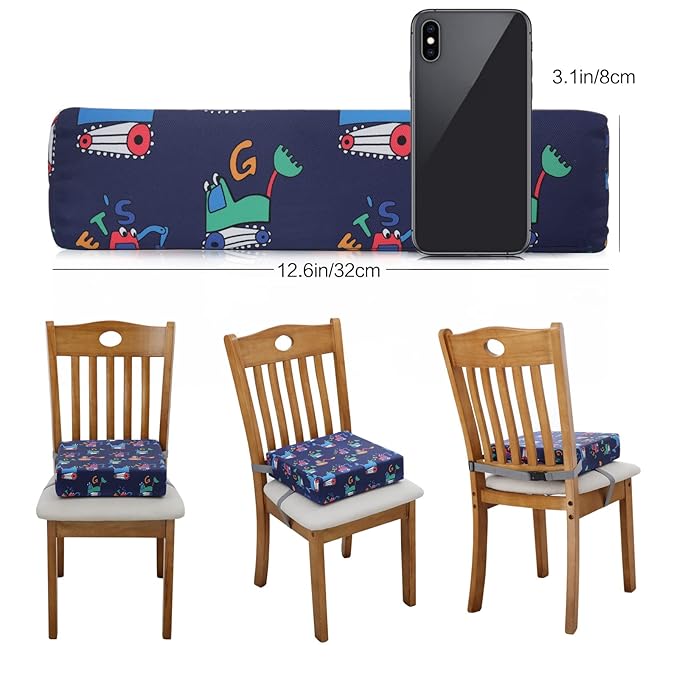 Zicac Portable Toddler Booster Seat for Dining Table, Safer Non-Slip Kids Booster Seat with Double Adjustable Straps, Washable Detachable Strong Support Increasing Cushion for Child (Blue Excavator)