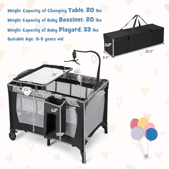 HONEY JOY Pack and Play, 4 in 1 Portable Baby Playard with Bassinet, Changing Table, Lockable Wheels, Music Box, Foldable Travel Baby Crib Nursery Center from Newborn to Toddler (Dark)
