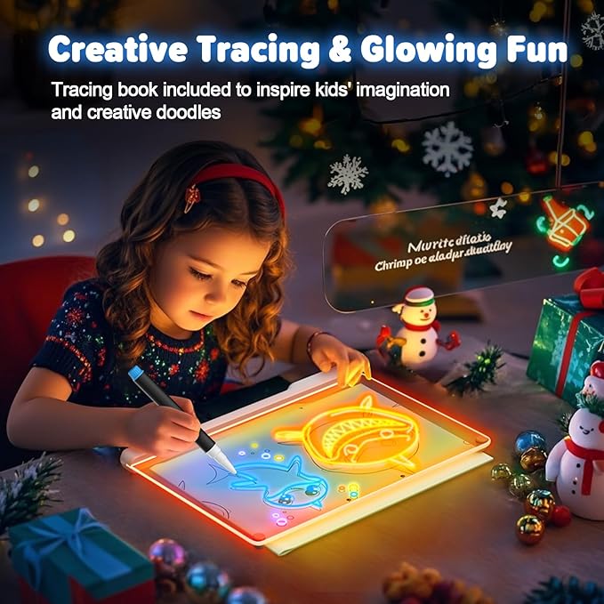 16-Inch Rechargeable Doodle Glow LED Note Board, 7-Color Light Modes, Neon Art Dry Erase Light Up Drawing Pad with Built-in Stand, Sketching Gift Toy for Kids/Girls/Teens, 5 Markers & Tracing Book
