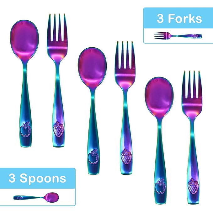 CHILLOUT LIFE Stainless Steel Kids Silverware Set 6 Pieces - Child and Toddler Safe Flatware - Kids Utensil Set - Metal Kids Cutlery Set (Includes 3 Small Kids Spoons & Kids 3 Forks, UV Rainbow)
