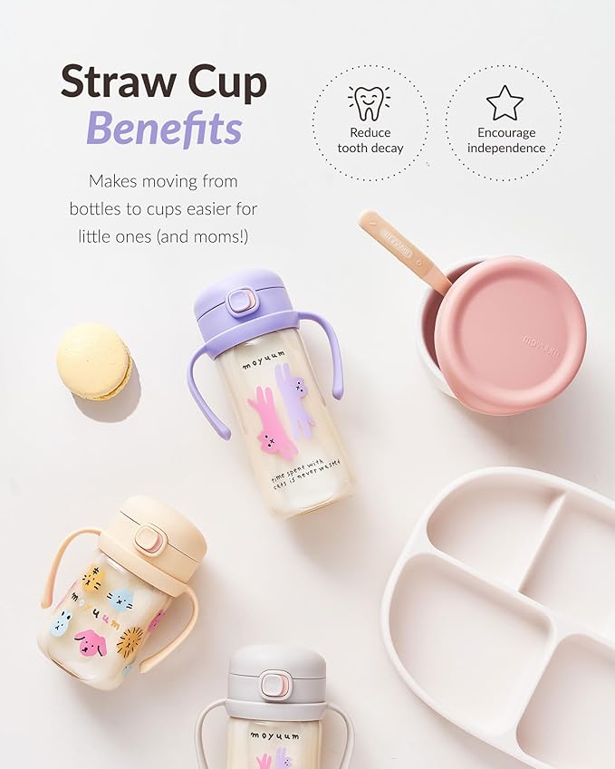 MOYUUM Leak Proof Sippy Cup with Handle | Made in Korea, 100% BPA Free PPSU, Magic No Spill Straw Cup with Attached Flip Top Lid, Easy to Hold for Babies and Toddlers, 9oz Purple