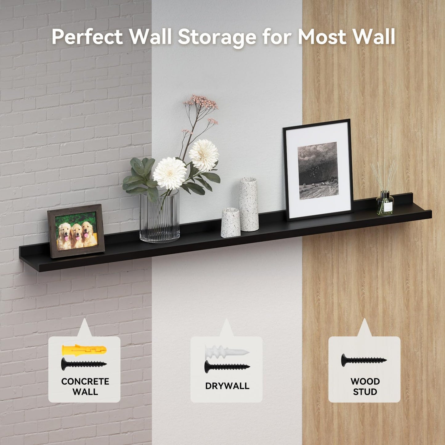 70.9 Inches Long Floating Shelves, 2 Set Modern Wall Shelf for Bedroom, Nursery Book Shelf with Lip, Picture Ledge Shelf for Wall Decor Living Room Bathroom Kitchen - Black