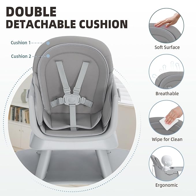 8 in 1 Baby Highchair, Convertible High Chair for Babies and Toddlers, Booster Seat w/5-Point Safety Belt, Toddler Building Block Table, Dishwasher Safe Tray, No Tool Install, Gray