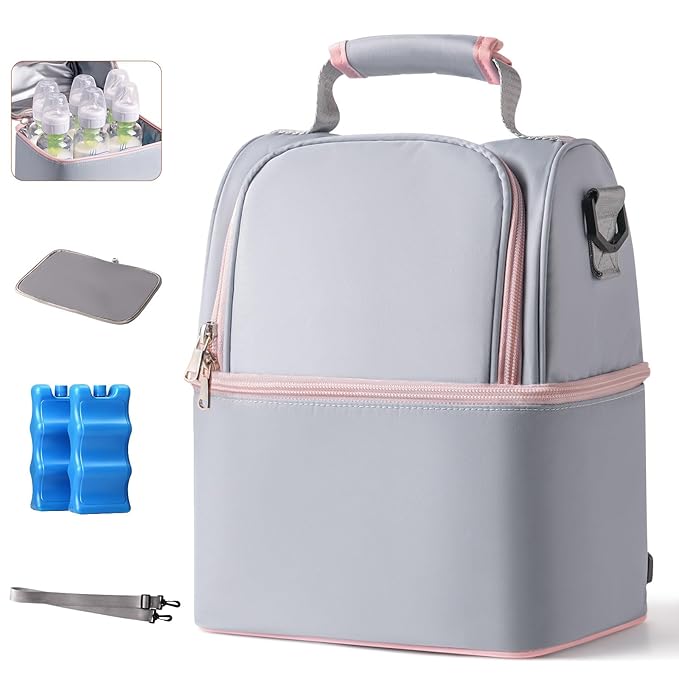 NCVI Breastmilk Cooler Bag with 2 Ice Pack, Breast Pump Bag with Cooler Fits 6 Bottles, Double Layer Breast Milk Baby Bottle Cooler Bag, for Travel, Nursing Mom Daycare, Work, Picnic (Grey)