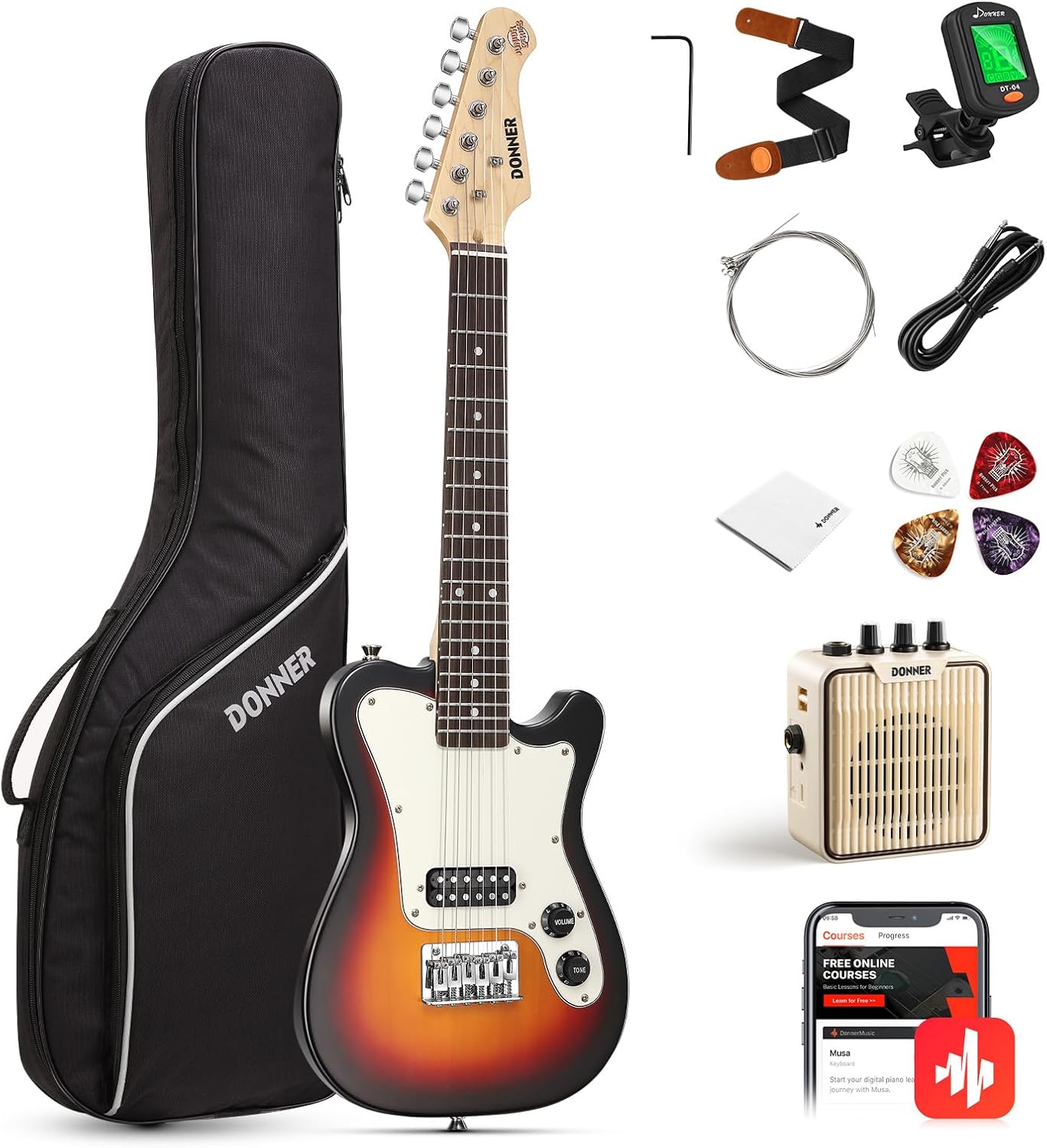 Donner 30 Inch Kids Electric Guitar Beginner Kit TL Style Mini Electric Guitar for Kids with Amp, 600D Bag, Tuner, Picks, Cable, Strap and Extra Strings, DTJ-100S, Sunburst