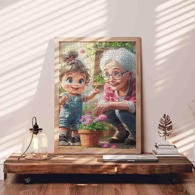 1000 Piece Jigsaw Puzzle for Adults Students Cartoon Style Cute Girl Gardening with Grandma Playing Jigsaws Flowers Colorful Art Home Wall Decor Fun Family Game Gift 20X27 Inches Large Puzzles