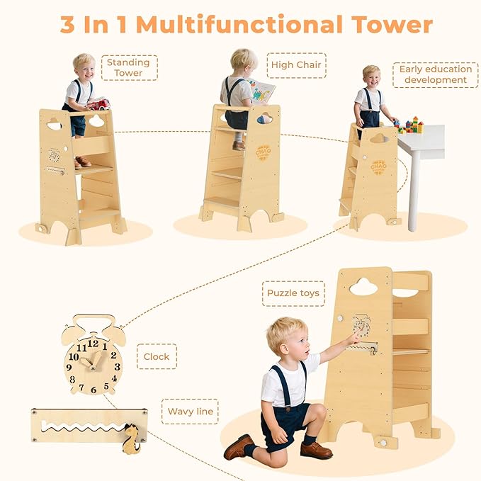 Toddler Tower 3-in-1 Multifunctional Kitchen Stool Helper, Adjustable Height ，Highchair