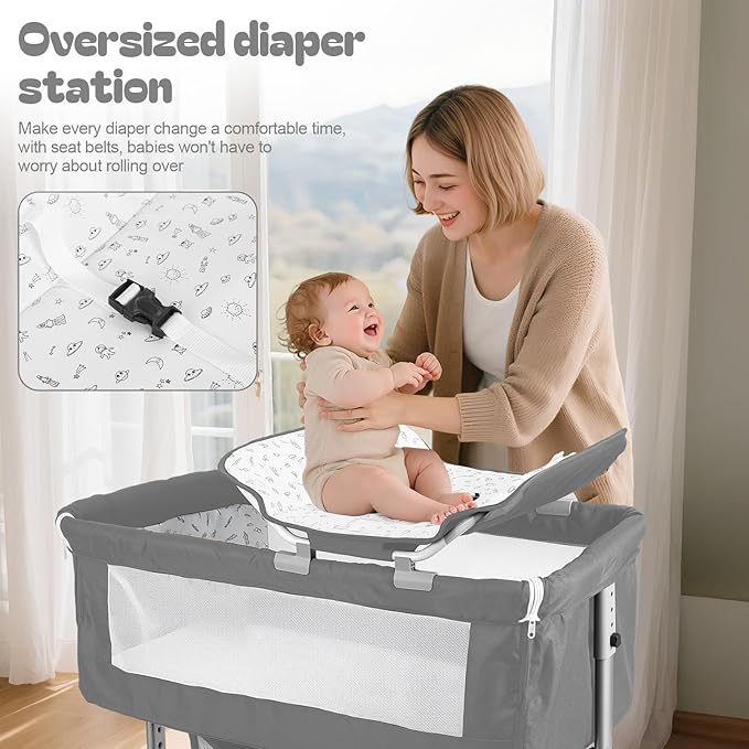 Baby Bassinet Bedside Crib 4-in-1 with Changing Table, 6 Height Adjustable Baby Crib with Mosquito Net & Storage Basket, Portable Cradle Bassinet for Newborn Infant (Grey)