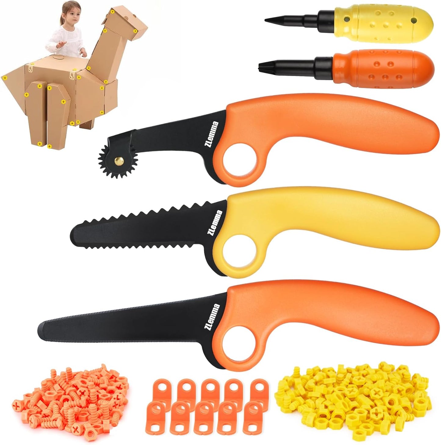 Cardboard Construction Kit - 425 PCS Kids Building Set with Safe Serrated Cutter, Crease Roller, Screws & Nuts, STEM Upcycled Tool for DIY Cardboard Projects, Engineering & Creativity