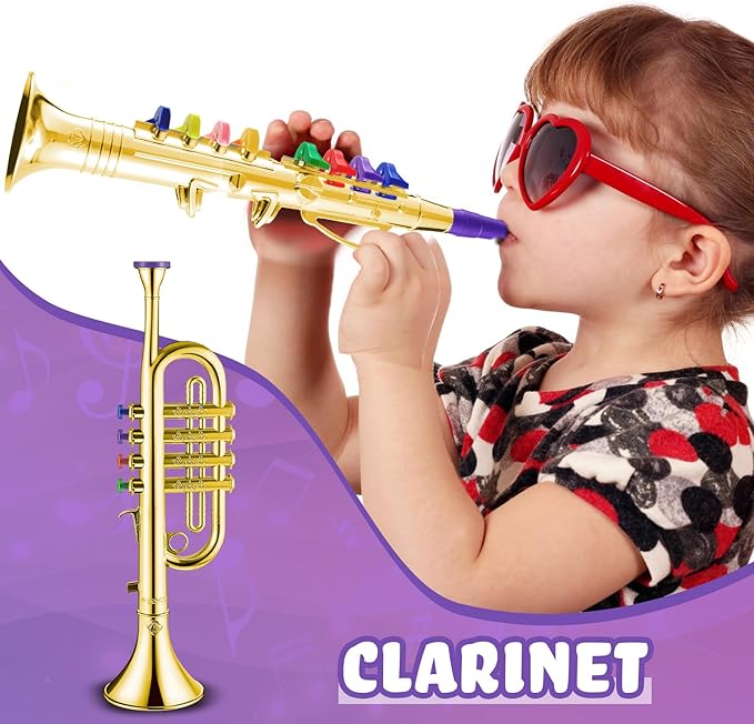 Amylove Set of 2 Musical Instruments for Kids Including Toy Saxophone and Kids Clarinet Plastic Toy Instruments Saxophone Clarinet with 8 Colored Keys Educational Home School Music Gift(Gold)