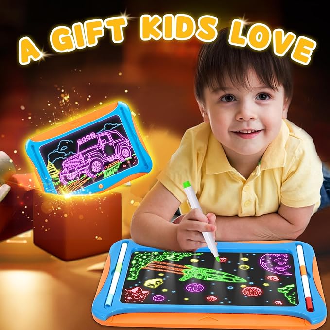 Magic LED Drawing Board for Kids, Toys for Boys Ages 5-7, Light Up Tracing Pad with 9 Double-Sided Cards, 6 Washable Pens, Glow Up Toys for Kids 4-6 Year Old Christmas Birthday Gifts
