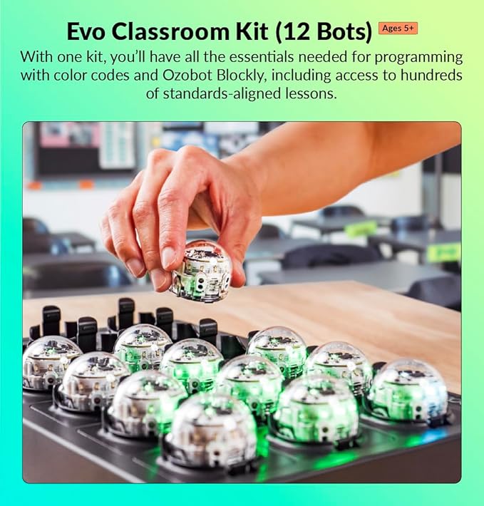 Ozobot Evo Classroom Kit (12 Bots): Interactive Coding Robot, Kids Ages 5+, Includes 12 Evo Robots, Color Code Markers, Charging Cradle, Bot Stickers, Access to 700+ STEAM Lessons, Educators & Parents