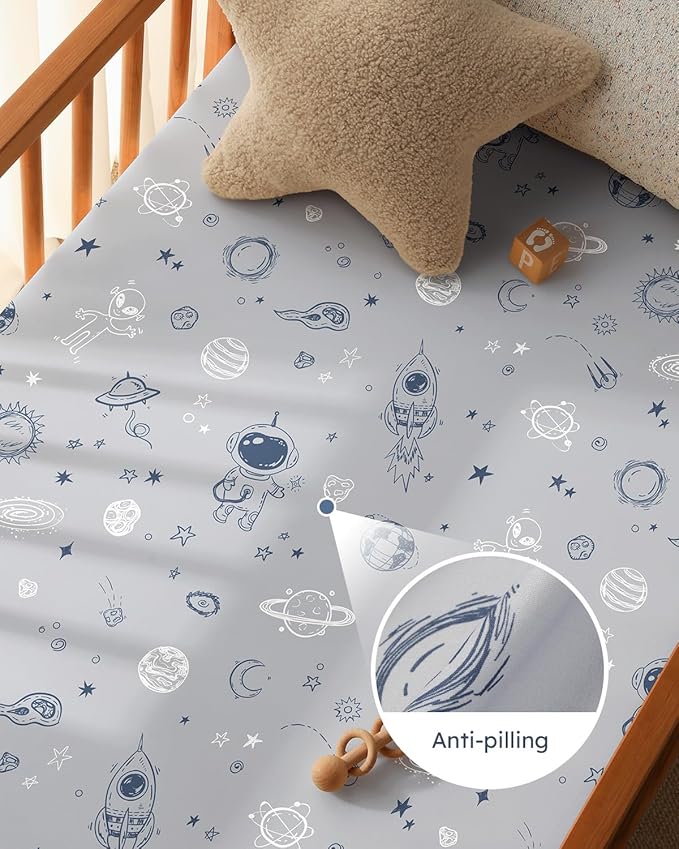 Baby Crib Sheets for Boys Girls, 28x52x8in Fitted Crib Sheet Neutral 3 Pack for Standard Crib and Toddler Mattress, Breathable Soft Microfiber Baby Sheet Grey & Blue Moon