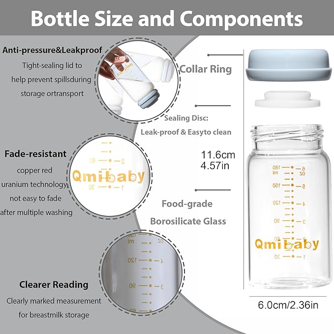 Glass Breastmilk Storage Bottles 180ml 6oz BPA-Free Leak-Proof Natural Baby Bottle for Breastmilk Storage Wide Neck Bottles with Screw Ring Sealing Disk Breastfeeding (Grey, 180ml-2Packs)