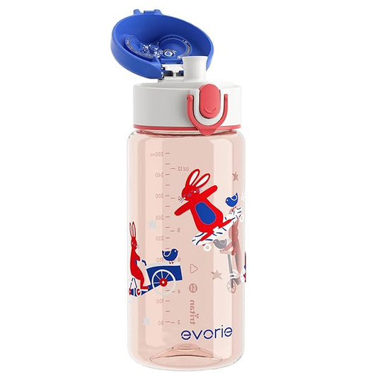 Evorie Kids Water Bottle for School, No Straw 13oz BPA Free Tritan Bottle, Leak Proof with Flip Top Lightweight for Outdoor (Red Rabit)