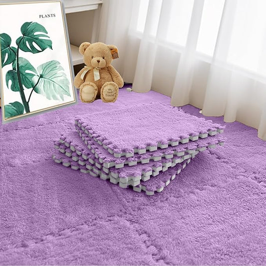 16pcs 0.6" Thickened Interlocking Tile Mats,Fluffy Shaggy Soft EVA Foam Area Rug for Living Room & Bedroom,Non-Slip Protective Floor Carpet Play Mat Kids Baby Dorm Home Decor (11.8ft, Purple)