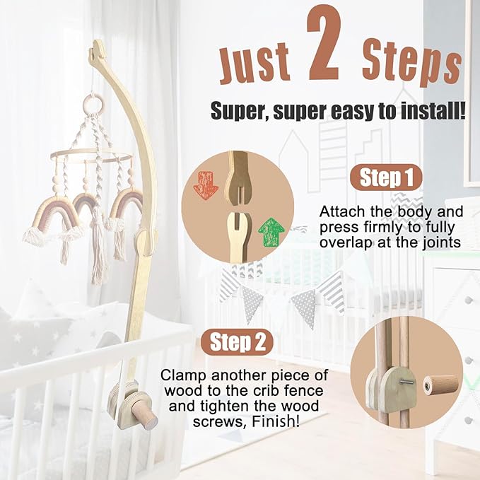 Crib Mobile Wooden Arm, Suitable for All Cribs 100% Natural Larch Hanger Nusery Decor Baby Room Safe Holder(Mobile is not Included (Bird Original Color)