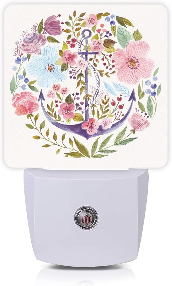 Anchor Night Light,Watercolor Floral Plug in Night Lights 0.5W Sleep Friendly for Boys Girls Led Night Light Dusk to Dawn Sensor Nightlight for Stairway/Hallway/Kitchen