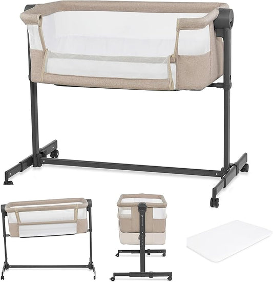 Kinderkraft Neste UP2 Bedside Cot 2 in 1, Co-Sleeper from Birth, Travel Cot for Newborn, Adjustable Height, Included Mattress Sheet, with 4 Wheels, Breathable Mesh, Beige