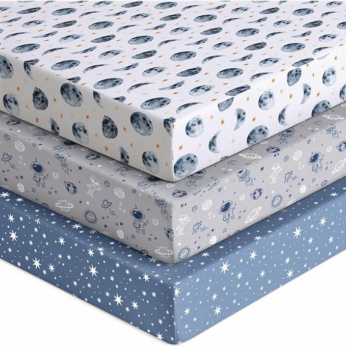 Baby Crib Sheets for Boys Girls, 28x52x8in Fitted Crib Sheet Neutral 3 Pack for Standard Crib and Toddler Mattress, Breathable Soft Microfiber Baby Sheet Grey & Blue Moon