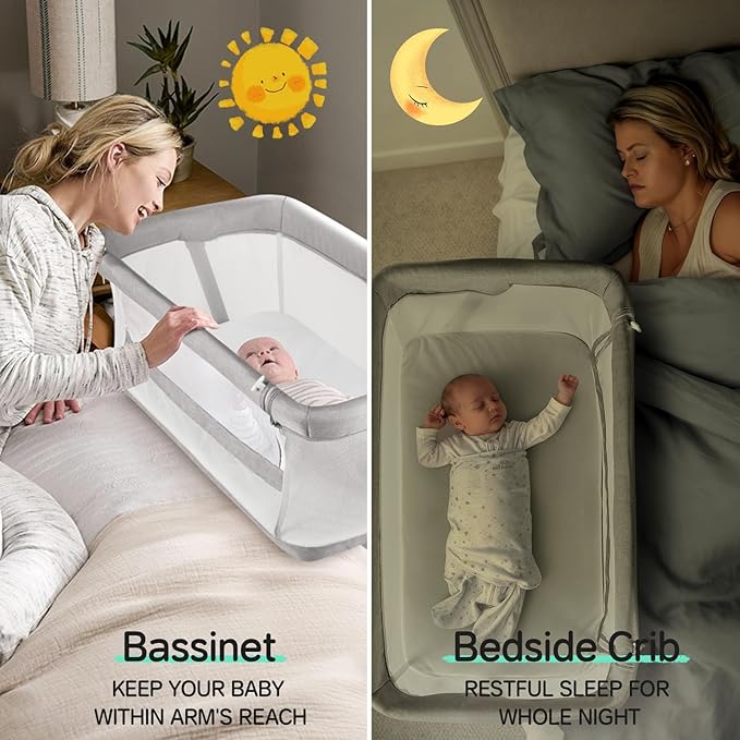 Cowiewie Bassinet Bedside Sleeper,Baby Bassinets Higher Place on Bed,5-Position Adjustment Baby Crib,Breathable 360°All-Around Mesh Sides Bedside Bassinet,Space-Saving Bedside Cribs, (Light Grey)