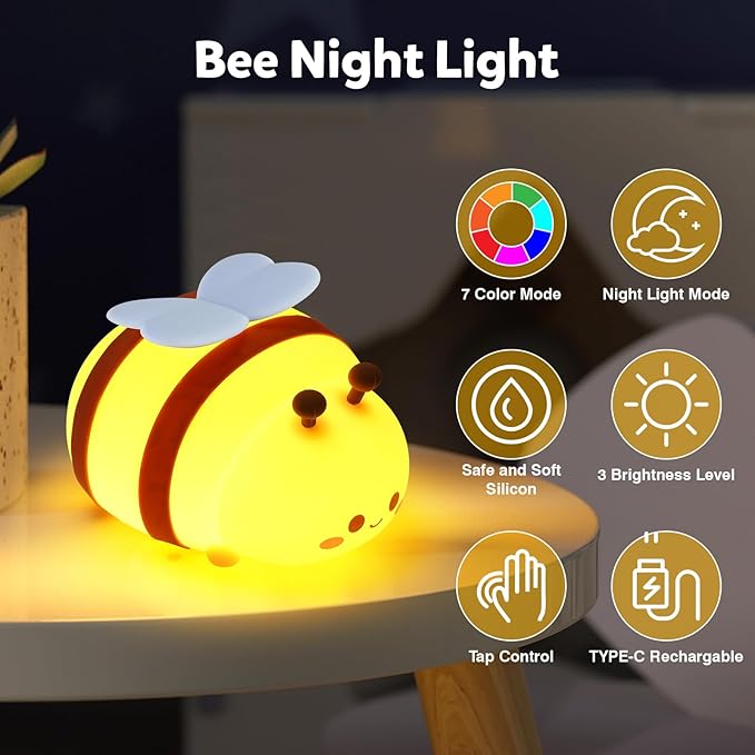 Bee Night Light, Cute Silicone Animal Bedside Lamp, Night Lamp for Kids Room, Dimmable LED Lamp,Bedroom Touch Lamp, Nursery,Baby Room&Girls Room Decor, Baby Boys Girls Gift,Rechargeable Nightlight