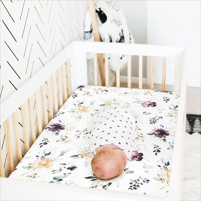 GRSSDER Stretchy Ultra Soft Jersey Knit Fitted Pack n Play Sheets Set 2 Pack,Fits Portable Playard/Mini Cribs Mattress Snug and Safe,Watercolor Purple Flora for Baby