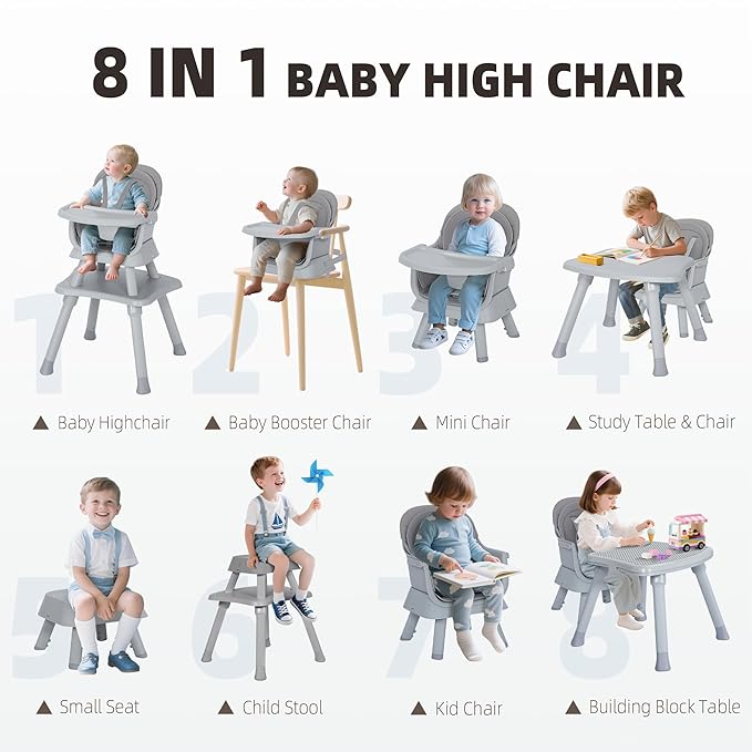 8 in 1 Baby Highchair, Convertible High Chair for Babies and Toddlers, Booster Seat w/5-Point Safety Belt, Toddler Building Block Table, Dishwasher Safe Tray, No Tool Install, Gray