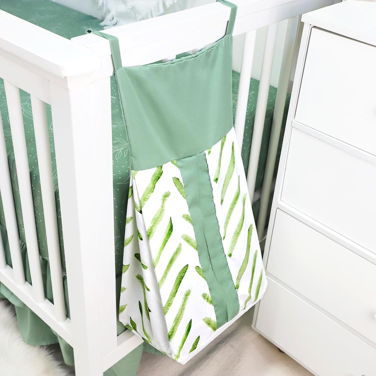 Green Leaf Crib Bedding Set, 4-Piece Baby Boy Bedding Set, Neutral Nursery Bedding Set, Fitted Crib Sheet, Crib Skirt, Baby Quilt, and Diaper Stacker, Sage
