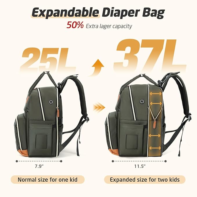 Diaper Bag Backpack - Extra Large Diaper Bag for 2 Kids Twin, Travel Baby Bags for Mom Dad 25-37L Expandable with Changing Pad Earphone Hole, Solid Green