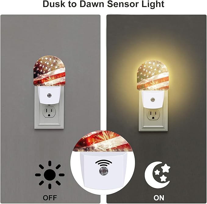 America Flag with Fireworks Night Light Plug into Wall,Vintage The USA Flag Patriotic Dusk to Dawn Night Light,0.5w Energy Saving Sleep Friendly Nightlights for Kids Boys Girls Home